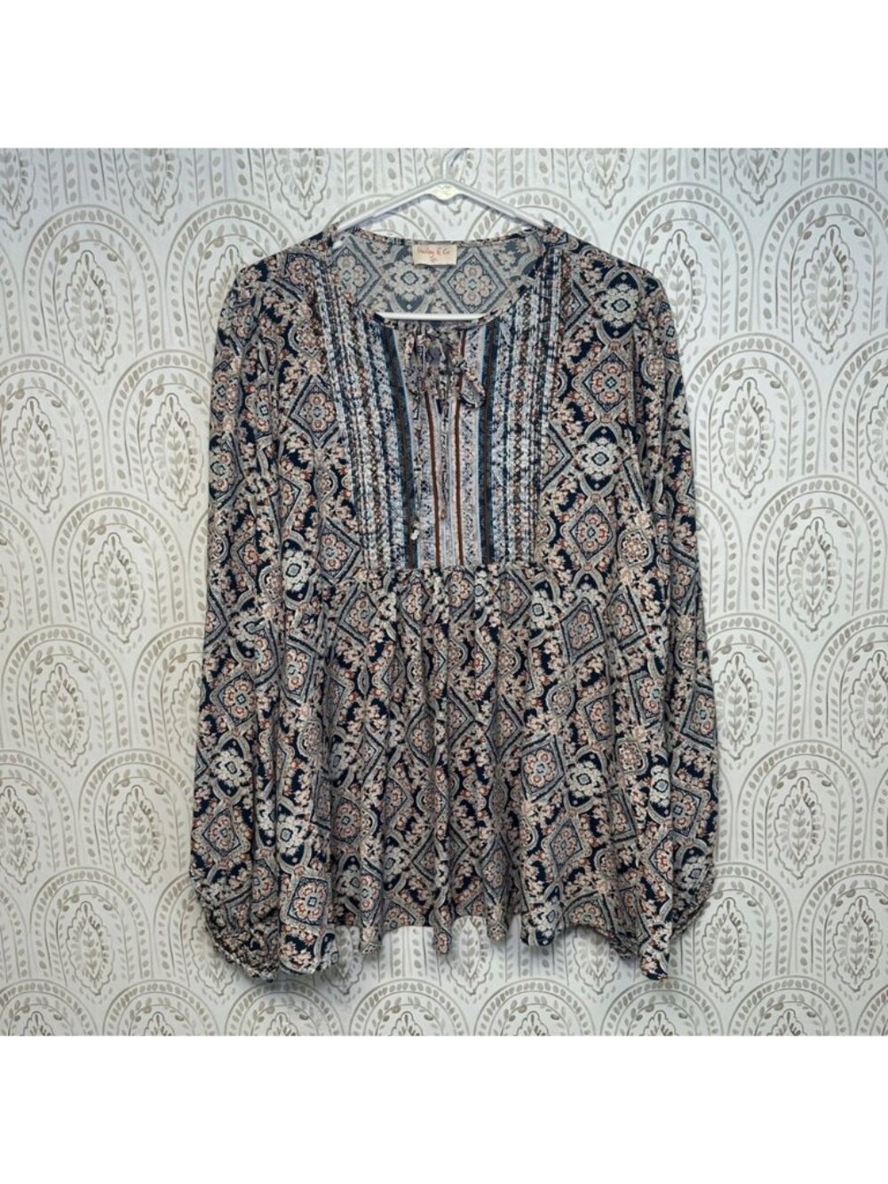 Hailey & Co Women tunic Peasant Boho Geometric Print Long Sleeve Tie Neck